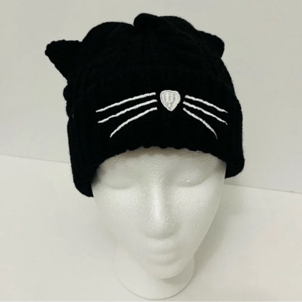 New Black Cat Embroidery Stretchy Knit Hat Beanie Cap Unisex One Size Fits Most - Picture 5 of 6
